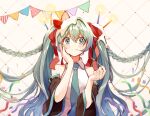  1girl absurdres bare_shoulders black_sleeves blue_eyes blue_hair blue_neckwear blush braid candle checkered checkered_background closed_mouth confetti detached_sleeves eyebrows_visible_through_hair food food_on_head fork fruit hair_between_eyes hair_ornament hair_ribbon hand_on_own_face hatsune_miku heart highres holding holding_fork long_hair looking_at_viewer necktie object_on_head pinkusan red_ribbon ribbon shirt sidelocks smile solo strawberry streamers twintails upper_body very_long_hair vocaloid wide_sleeves 