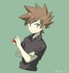  1boy artist_name bangs blue_oak brown_hair closed_mouth collared_shirt commentary_request green_background hand_on_own_arm hari611 holding holding_poke_ball male_focus poke_ball poke_ball_(basic) pokemon pokemon_(game) pokemon_frlg shirt short_sleeves sideways_glance solo spiky_hair upper_body 