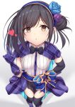  1girl :o arata_(xin) bangs black_hair blush breasts brown_eyes eyebrows_visible_through_hair fate/grand_order fate/kaleid_liner_prisma_illya fate_(series) gloves hair_bun hair_ornament hairband hand_on_hip hand_up highres long_hair looking_at_viewer miyu_edelfelt open_mouth sidelocks skirt small_breasts solo thigh-highs thighs 