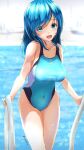  1girl blue_eyes blue_hair blue_swimsuit blurry breasts competition_swimsuit covered_navel cowboy_shot depth_of_field garter-velvet highres leaning_forward long_hair medium_breasts one-piece_swimsuit open_mouth original pool pool_ladder smile solo swimsuit water 