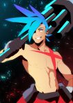  azuumori black_gloves blue_hair commentary english_commentary galo_thymos gloves hair_over_one_eye hand_up holding kamina_(ttgl) looking_at_viewer navel nipples one_eye_covered promare red_eyes sanpaku shirtless smile spiky_hair tengen_toppa_gurren_lagann 