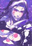  1boy beads blue_hair bodypaint close-up closed_mouth cu_chulainn_(fate)_(all) cu_chulainn_alter_(fate/grand_order) dark_persona detached_hood earrings facepaint fate/grand_order fate_(series) floating_hair hair_beads hair_ornament hood hood_up iz_izhara jewelry long_hair male_focus muscular pectorals ponytail red_eyes sharp_teeth solo teeth type-moon 