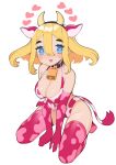 1girl :3 :d animal_ears animal_print bell between_legs big_hair bikini blonde_hair blue_eyes breasts commentary commission cow_ears cow_horns cow_print cow_tail cowbell english_commentary full_body gloves hairband halphelt hand_between_legs heart heart-shaped_pupils highres horns kneeling large_breasts looking_at_viewer medium_hair neck_bell open_mouth original pink_bikini pink_gloves pink_legwear simple_background smile solo swimsuit symbol-shaped_pupils tail thigh-highs white_background