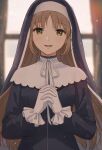  1girl absurdres bangs blush breasts brown_hair day emu_(emum) eyebrows_visible_through_hair gloves hands_up highres indoors long_hair looking_at_viewer medium_breasts nijisanji nun open_mouth ribbon sister_cleaire solo white_ribbon 