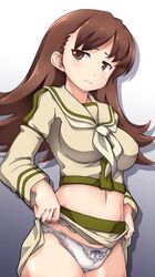  1girl 547th_sy bangs breasts brown_eyes brown_hair closed_mouth eyebrows_visible_through_hair gradient gradient_background highres kantai_collection large_breasts lifted_by_self long_hair long_sleeves midriff navel neckerchief ooi_(kantai_collection) panties remodel_(kantai_collection) sailor_collar school_uniform serafuku simple_background skirt skirt_lift solo underwear wavy_mouth white_panties 