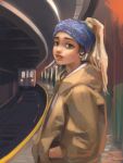  1girl absurdres blonde_hair blue_bandana brown_eyes contemporary earphones earphones english_commentary fine_art_parody girl_with_a_pearl_earring ground_vehicle hair_through_headwear hands_in_pockets high_ponytail highres hood hood_down hoodie jamusien lips looking_at_viewer nose parody railroad_tracks solo thick_eyebrows train train_station train_station_platform wireless_earphones yellow_hoodie 