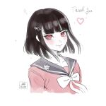  1girl artist_name bangs blunt_bangs blush bow collarbone commentary cropped_torso dangan_ronpa_(series) dangan_ronpa_v3:_killing_harmony dated english_commentary hair_ornament harukawa_maki heart highres missarilicious mole mole_under_eye pale_skin red_eyes red_shirt sailor_collar school_uniform shirt short_hair simple_background smile solo upper_body white_background white_bow 