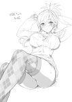  1girl :&lt; alternate_costume argyle argyle_legwear arms_up bangs blush breasts closed_mouth eyebrows_visible_through_hair fate/grand_order fate_(series) greyscale hair_between_eyes highres hisasi large_breasts lineart long_sleeves miyamoto_musashi_(fate/grand_order) monochrome simple_background sketch solo sweat sweater thigh-highs thighs 