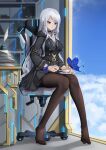 1girl black_dress black_legwear black_skirt blue_butterfly blue_eyes bug butterfly chair cup dress feet flower full_body highres holding holding_cup insect jewelry long_hair miso_(b7669726) necklace no_shoes original pantyhose shirt silver_hair sitting skirt soles teacup thigh-highs white_shirt 