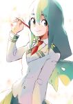  1girl :&gt; asui_tsuyu azuumori blue_eyes blue_hair boku_no_hero_academia closed_mouth collared_shirt commentary grey_jacket hand_up holding holding_pencil jacket long_hair long_sleeves looking_at_viewer low-tied_long_hair necktie pencil red_neckwear school_uniform shirt smile solo white_shirt wing_collar 