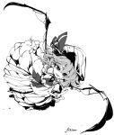  1girl ascot bat_wings bow fang fifiruu frills hat hat_ribbon mob_cap monochrome puffy_sleeves remilia_scarlet ribbon ribbon_trim short_hair solo touhou wings 