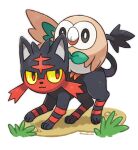  :3 animal_focus artist_name black_sclera cat closed_mouth colored_sclera commentary_request creatures_(company) full_body game_freak gen_7_pokemon grass happy litten looking_at_another looking_back nintendo no_humans outline pokemon pokemon_(creature) red_eyes riding rorosuke rowlet simple_background smile standing twitter_username white_background white_eyes yellow_sclera 