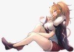  1girl absurdres animal_ears arknights bare_legs black_footwear breasts brown_hair candy commentary_request food from_side fur-trimmed_jacket fur-trimmed_shorts fur_trim grey_background hand_up highres holding holding_food jacket large_breasts lion_ears lion_tail lollipop long_hair ohako_(ohako1818) red_shorts shoes shorts siege_(arknights) simple_background sitting solo tail thighs yellow_eyes 