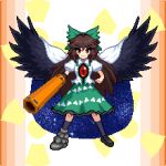  1girl arm_cannon bangs bird_wings black_footwear black_legwear black_wings blouse bow brown_hair cape closed_mouth collared_blouse control_rod eyebrows_visible_through_hair frilled_skirt frills full_body green_bow green_skirt hair_between_eyes hair_bow kneehighs long_hair looking_at_viewer mismatched_footwear pixel_art puffy_short_sleeves puffy_sleeves radiation_symbol red_eyes reiuji_utsuho short_sleeves skirt smile solo standing starry_sky_print third_eye touhou triangle_print tsukimiya_toito v-shaped_eyebrows weapon white_blouse white_cape wings 