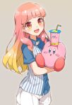  1girl :d aikatsu!_(series) aikatsu_friends! bangs blue_shirt blunt_bangs collared_shirt commentary_request crossover cup denim denim_shorts disposable_cup drinking_straw employee_uniform eyebrows_visible_through_hair gradient gradient_background gradient_hair grey_background hair_over_shoulder highres holding_creature kirby kirby_(series) lawson long_hair looking_at_viewer multicolored_hair open_mouth orange_hair pink_hair pinmisil shirt short_sleeves shorts simple_background smile striped striped_shirt two-tone_shirt uniform vertical_stripes white_shirt white_shorts yuuki_aine 