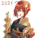  1girl 2021 absurdres ahoge bow chucolala green_eyes hair_bow highres hiseki_erio japanese_clothes kimono long_hair looking_at_viewer nengajou new_year qtian redhead solo virtual_youtuber 