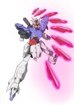  clenched_hand fighting_stance floating glowing green_eyes gundam highres looking_at_viewer mecha mobile_suit_moon_gundam moon_gundam open_hand psycho_plates science_fiction solo tsumattsu v-fin white_background 