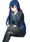  1girl ameno_(a_meno0) blue_eyes blue_hair crossed_legs fire_emblem fire_emblem_awakening flat_chest hair_between_eyes hand_on_own_face highres long_hair long_sleeves looking_at_viewer lucina_(fire_emblem) simple_background sitting smile solo symbol-shaped_pupils tiara white_background 