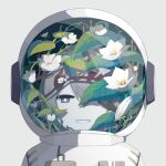  1boy astronaut avogado6 blue_eyes bright_pupils colored_skin commentary_request flower grey_background grey_hair leaf original short_hair simple_background smile solo space_helmet upper_body white_flower white_pupils white_skin 