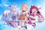  +_+ 3girls :d :o ahoge aimani_(vtuber) animal_ears ankle_boots armpits asymmetrical_footwear bangs bat_wings black_wings blonde_hair blue_dress blue_eyes blue_footwear blue_hair blue_ribbon blue_sky blush boots breasts brown_dress brown_footwear cat_hair_ornament center_frills collar copyright_request demon_girl demon_tail demon_wings detached_collar detached_sleeves double_bun dress eyebrows_visible_through_hair fake_animal_ears fang fingerless_gloves flower fold-over_boots frilled_collar frilled_dress frilled_shirt frilled_skirt frills full_body fur-trimmed_gloves fur-trimmed_sleeves fur_trim garter_straps gloves hair_between_eyes hair_ornament hair_ribbon heart heart_tail highres holding_hands indie_virtual_youtuber jimmy_madomagi jumping long_hair long_sleeves looking_at_viewer mel_mellow midriff miniskirt mismatched_footwear mizuboshi_yamu multiple_girls navel neck_ribbon o-ring_thigh_strap one_eye_closed open_mouth pink_collar pink_flower pink_footwear pink_hair pink_legwear pink_sleeves pleated_dress pleated_skirt pointy_ears puffy_sleeves purple_legwear purple_ribbon ribbon shirt sidelocks single_thighhigh skirt sky sleeves_past_fingers sleeves_past_wrists small_breasts smile sonobe_maya star-shaped_pupils star_(symbol) star_hair_ornament star_print symbol-shaped_pupils tail tassel thigh-highs thigh_strap twintails two_side_up very_long_hair violet_eyes virtual_youtuber white_flower white_legwear white_ribbon white_shirt wings 