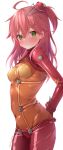  1girl absurdres ahoge blush character_name cosplay covered_navel green_eyes hair_ornament hairclip highres hololive long_hair looking_at_viewer neon_genesis_evangelion pink_hair plugsuit rits_(apud8788) sakura_miko shikinami_asuka_langley shikinami_asuka_langley_(cosplay) solo souryuu_asuka_langley twitter_username virtual_youtuber white_background x_hair_ornament 