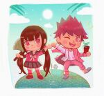  1boy 1girl :d animal_crossing artist_name axe bangs black_hair black_skirt blush_stickers border brown_footwear commentary dangan_ronpa_(series) dangan_ronpa_v3:_killing_harmony facial_hair goatee gyroid_(animal_crossing) happy harukawa_maki holding holding_axe jacket long_hair looking_at_viewer missarilicious mole mole_under_eye momota_kaito one_eye_closed open_mouth palm_tree pants parody pink_jacket pink_pants plant potted_plant red_legwear school_uniform shoes skirt smile style_parody sun thigh-highs tongue tongue_out tree twintails white_border 