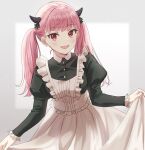  1girl absurdres bangs blush breasts emu_(emum) eyebrows_visible_through_hair frills highres holding holding_clothes horns lifted_by_self looking_at_viewer maid medium_breasts open_mouth original pink_hair red_eyes simple_background skirt skirt_lift solo twintails white_background 