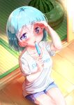 1girl blue_eyes blue_hair popsicle short_pants summer sweat sweating_profusely watermelon wiping_sweat 