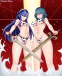  2021 2girls absurdres animal_print bikini breasts byleth_(fire_emblem) byleth_eisner_(female) chinese_zodiac cow_print falchion_(fire_emblem) fire_emblem fire_emblem:_three_houses fire_emblem_awakening fire_emblem_heroes happy_new_year highres kill_la_kill long_hair lucina_(fire_emblem) multiple_girls navel new_year patdarux super_smash_bros. swimsuit sword weapon year_of_the_ox 