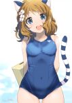  1girl :d animal_ear_fluff animal_ears arms_behind_head artist_name bangs blue_eyes blue_swimsuit brown_hair cat_ears cat_tail commentary_request covered_navel cowboy_shot flower hair_flower hair_ornament heart heart_print highres holding idolmaster idolmaster_million_live! inoue_sora kemonomimi_mode looking_at_viewer medium_hair object_behind_back one-piece_swimsuit open_mouth revision school_swimsuit signature smile solo standing striped_tail suou_momoko swimsuit tail white_background white_flower 
