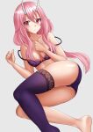  1girl ass bangs bare_arms bare_shoulders barefoot blush bow bow_bra bra breasts closed_mouth collarbone eyebrows_visible_through_hair grey_background hair_between_eyes hands_up highres horns kazenokaze long_hair looking_at_viewer lying medium_breasts on_side panties pink_hair purple_bra purple_legwear purple_panties red_eyes shuna_(tensei_shitara_slime_datta_ken) simple_background single_thighhigh soles solo tensei_shitara_slime_datta_ken thigh-highs underwear underwear_only very_long_hair 