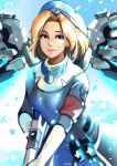  1girl azuumori blonde_hair blue_dress blue_eyes blue_headwear breasts cowboy_shot dress gloves gun hat holding holding_gun holding_weapon looking_at_viewer mechanical_wings medium_breasts mercy_(overwatch) overwatch parted_lips signature smile solo weapon white_gloves wings 