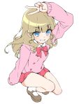  1girl arm_up blue_eyes commentary_request flat_color from_above full_body grin hair_over_shoulder highres ichigo_junior_high_uniform light_brown_hair loafers long_hair looking_up mewkledreamy pink_sweater pinmisil shoes simple_background sketch sleeves_past_wrists smile socks solo squatting star_(symbol) star_in_eye sweater symbol_in_eye tsukishima_maira v wavy_hair white_background white_legwear 