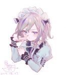  1girl artist_name blush bow contender_(girls_frontline) dated frilled_cuffs frills girls_frontline grey_hair hair_between_eyes hair_bow hand_on_own_face highres long_sleeves looking_at_viewer maid maid_headdress multicolored_hair official_alternate_costume puffy_sleeves purple_hair short_hair signature solo streaked_hair upper_body violet_eyes white_background yiyiqiany 