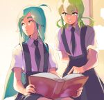  2others alexandrite_(houseki_no_kuni) azuumori black_neckwear black_skirt blue_eyes blue_hair book closed_mouth collared_shirt commentary english_commentary green_eyes green_hair holding holding_book houseki_no_kuni jade_(houseki_no_kuni) long_skirt multiple_others necktie open_book pointing purple_shirt shirt sitting skirt smile suspender_skirt suspenders wing_collar 