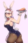  1girl animal_ears ass bare_shoulders bow_(bhp) breasts brown_legwear bunny_tail carrot carrot_hair_ornament closed_mouth cowboy_shot dot_mouth food_themed_hair_ornament from_behind hair_ornament hairband hand_up holding holding_tray large_breasts leotard long_hair looking_at_viewer mole mole_under_eye original pantyhose pink_background purple_leotard rabbit_ears red_eyes simple_background solo standing tail tray white_hair wrist_cuffs 