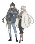  1boy 1girl alternate_costume arms_up belt belt_buckle black_dress black_footwear blonde_hair blue_coat bow breasts brown_belt brown_gloves brown_hair brown_hoodie brown_legwear buckle cleavage_cutout clothing_cutout coat commentary denim dress earrings fur_coat genshin_impact gloves grey_sweater hair_bow hands_in_pockets highres holding holding_pipe hood hoodie jeans jennygin2 jewelry large_breasts layered_clothing long_hair long_ponytail looking_at_viewer multicolored_hair ningguang open_clothes open_coat pants pantyhose pipe ponytail red_eyes redhead ribbed_sweater simple_background single_earring smoke sweater symbol_commentary tassel tassel_earrings torn_clothes torn_jeans torn_pants white_background yellow_eyes zhongli_(genshin_impact) 