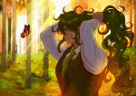  arms_up artist_name bangs brown_vest bug butterfly collared_shirt commentary dangan_ronpa_(series) dangan_ronpa_v3:_killing_harmony day forest from_side glasses gokuhara_gonta green_hair green_neckwear hands_in_hair hands_up insect insect_request long_hair long_sleeves looking_at_animal messy_hair missarilicious nature necktie outdoors parted_lips profile shirt smile solo upper_body very_long_hair vest wavy_hair white_shirt 