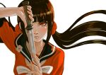  1girl absurdres bangs black_hair blunt_bangs blush brown_hair collarbone commentary_request dangan_ronpa_(series) dangan_ronpa_v3:_killing_harmony floating_hair hair_ornament hair_scrunchie hand_up harukawa_maki highres holding holding_knife holding_sword holding_weapon knife long_hair long_sleeves looking_at_viewer missarilicious mole mole_under_eye red_eyes red_scrunchie school_uniform scrunchie serafuku simple_background solo sword twintails upper_body weapon white_background 