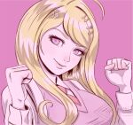  1girl ahoge akamatsu_kaede bangs blonde_hair breasts commentary dangan_ronpa_(series) dangan_ronpa_v3:_killing_harmony eighth_note gloves hair_ornament hands_up large_breasts long_hair long_sleeves looking_at_viewer missarilicious musical_note musical_note_hair_ornament necktie pale_skin pink_background pink_sweater_vest portrait shirt signature simple_background smile solo sweater_vest upper_body violet_eyes white_shirt 