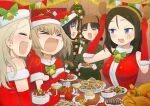 &gt;_&lt; 5girls :d adjusting_clothes adjusting_headwear alina_(girls_und_panzer) antlers apple bangs bell black_hair blonde_hair blue_eyes bob_cut bow brown_eyes brown_hair brown_headwear capelet christmas christmas_cake christmas_dress christmas_ornaments christmas_tree clara_(girls_und_panzer) closed_eyes commentary cup dress drinking_glass elbow_gloves emblem eyebrows_visible_through_hair facial_mark fake_antlers fang feeding food food_request fork fruit fur-trimmed_capelet fur_hat fur_trim garland_(decoration) girls_und_panzer gloves green_bow green_jacket happy hat hat_bow holding holding_cup holding_fork holding_plate indoors insignia jacket katyusha_(girls_und_panzer) kemu_(guruguru_dan) laughing_wolves long_hair long_sleeves looking_at_another low_twintails multiple_girls nina_(girls_und_panzer) nonna_(girls_und_panzer) off-shoulder_dress off_shoulder open_mouth plate pravda_(emblem) pravda_school_uniform red_capelet red_gloves red_headwear red_shirt reindeer_antlers santa_gloves santa_hat school_uniform shirt short_hair short_twintails sitting skin_fang sleeveless sleeveless_dress smile standing star_(symbol) string_of_flags swept_bangs tearing_up turkey turtleneck twintails ushanka wine_glass wooden_wall 