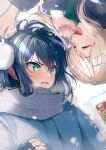  2girls black_hair blonde_hair blue_jacket blush can closed_eyes earmuffs fingerless_gloves gloves green_eyes grey_scarf highres jacket kagawa_ichigo long_hair long_sleeves lying multiple_girls nail_polish on_side open_mouth original scarf scowl snow yawning 