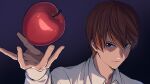  1boy apple bangs brown_eyes brown_hair closed_mouth collared_shirt commentary death_note fingernails floating floating_object food fruit gradient gradient_background hair_between_eyes hand_up highres long_sleeves looking_at_viewer male_focus open_hand portrait purple_background sayshownen school_uniform shirt short_hair simple_background smile solo spread_fingers white_shirt yagami_light 