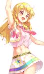  :d aikatsu! aikatsu!_(series) arm_up armpit_peek bare_legs bare_shoulders blonde_hair collared_blouse crop_top floating_necktie hairband happy highres hoshimiya_ichigo idol long_hair midriff necktie open_mouth pink_neckwear pinmisil red_eyes short_sleeves simple_background smile white_background 