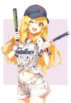  1girl ;d aikatsu! aikatsu!_(series) alternate_eye_color bare_legs baseball_bat baseball_cap blonde_hair border buttons cheering commentary_request denim denim_shorts eyebrows_visible_through_hair hair_over_shoulder happy hat highres hoshimiya_ichigo long_hair midriff navel one_eye_closed open_mouth orange_eyes outside_border pinmisil polka_dot polka_dot_shirt purple_background shirt shorts simple_background smile solo stomach t-shirt white_border white_shorts wrist_cuffs 