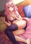  1girl ass bangs bare_arms bare_shoulders barefoot blush bow bow_bra bra breasts closed_mouth collarbone commentary eyebrows_visible_through_hair hair_between_eyes hands_up highres horns indoors kazenokaze long_hair looking_at_viewer lying medium_breasts on_bed on_side panties pillow pink_hair purple_bra purple_legwear purple_panties red_eyes shuna_(tensei_shitara_slime_datta_ken) single_thighhigh soles solo tensei_shitara_slime_datta_ken thigh-highs underwear underwear_only very_long_hair 