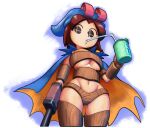  1girl arm_at_side arm_cannon armor ass_visible_through_thighs bandeau bangs bikini bikini_armor black_eyes blue_cape blue_headwear breasts brown_bikini brown_hair brown_legwear cape commentary cosplay cropped_legs cup drinking_straw drinking_straw_in_mouth english_commentary geno_(mario) geno_(mario)_(cosplay) groin groin_tendon hand_up hat highres holding holding_cup large_breasts looking_at_viewer mii_(nintendo) mii_gunner minus8 multicolored multicolored_cape multicolored_clothes navel parted_bangs short_hair simple_background solo sucking super_mario_rpg super_smash_bros. swimsuit thigh-highs two-tone_cape under_boob weapon white_background yellow_cape 