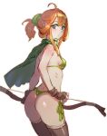  1girl ahoge ass bikini bow_(bhp) bow_(weapon) breasts brown_gloves brown_legwear cape closed_mouth cowboy_shot elf fingerless_gloves from_behind gloves green_bikini green_cape holding holding_bow_(weapon) holding_weapon looking_at_viewer looking_back medium_breasts orange_hair original pointy_ears ponytail solo standing swimsuit thigh-highs thong violet_eyes weapon 