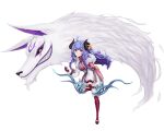  1girl absurdres blue_hair bow_(weapon) braid closed_mouth copy curled_horns eyebrows_visible_through_hair gloves highres holding holding_weapon horns kindred_(league_of_legends) lamb_(league_of_legends) league_of_legends legwear_under_shorts long_hair long_sleeves looking_at_viewer pantyhose shorts spirit_blossom_kindred twin_braids violet_eyes weapon white_background white_shorts wolf_(league_of_legends) 