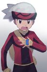  1boy backpack bag beanie blurry brendan_(pokemon) commentary_request fingerless_gloves gloves grey_eyes hand_up hat jacket long_sleeves male_focus open_mouth oshi_taberu pokemon pokemon_(game) pokemon_rse red_jacket solo tongue yellow_bag yellow_gloves 